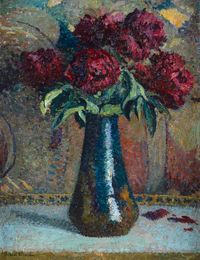 Pivoines rouges dans un vase Dalpayrat by Henri Martin contemporary artwork painting, works on paper