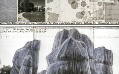Christo, Wrapped Trees (Project for the Fondation Beyeler and Berower Park, Riehen, Switzerland) (1998). Graphite, charcoal, pastel, wax crayon, map, fabric sample, and kraft paper on paper. In 2 parts, top: 38 × 165 cm, bottom: 106.6 × 165 cm. © Christo and Jeanne-Claude Foundation. Courtesy Gagosian. Photo: Wolfgang Volz.
