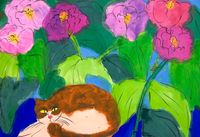 A Ginger Cat Hiding among the Flowers by Walasse Ting contemporary artwork painting, works on paper
