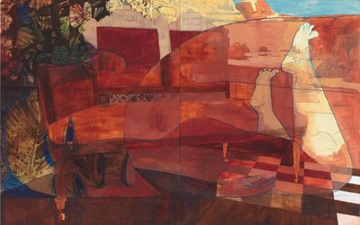 Pamela Phatsimo Sunstrum, Sinner Get Ready (2022). Oil and pencil on wood panels. 102 x 162 cm. © Pamela Phatsimo Sunstrum. Courtesy of Galerie Lelong & Co., New York.