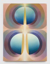 Split Orbs in teal, purple, pink, and yellow by Loie Hollowell contemporary artwork painting, works on paper