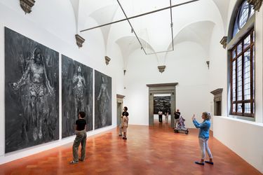 Yan Pei-Ming, Nom d'un chien ! Un jour parfait (Dammit! A Perfect Day) (2012). Triptych, oil on canvas. 400 x 280 cm each. Exhibition view: Painting Histories, Palazzo Strozzi, Florence (7 July–3 September 2023). Photo: Ela Bialkowska, OKNO studio.Image from:Yan Pei-Ming: A Witness to HistoryRead FeatureFollow ArtistEnquire