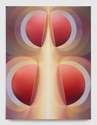 Split Orbs in red, lavender and mauve by Loie Hollowell contemporary artwork painting, works on paper