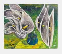 Calla Lilies (blue vase, yellow table) by Ken Taylor Reynaga contemporary artwork painting, works on paper
