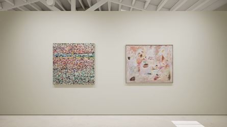 Exhibition view: Created in HWVR, Arshile Gorky & Jack Whitten, picturing Jack Whitten, Quantum Wall, VIII (For Arshile Gorky, My First Love In Painting) (2017) and Arshile Gorky, Untitled (c. 1947–1948). © (2019) The Arshile Gorky Foundation / Artists Rights Society (ARS) / © Jack Whitten Estate. Courtesy the estates and Hauser & Wirth.