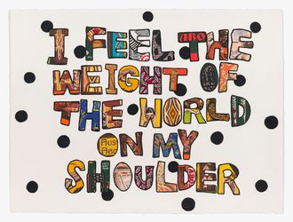 Tony Albert, I feel the weight of the world on my shoulder (2020). Acrylic and vintage appropriated fabric on Arches paper. 57 x 76 cm. Courtesy the artist and Sullivan+Strumpf.Image from:Tony Albert's Reverse Ethnography of AboriginaliaRead InsightFollow ArtistEnquire