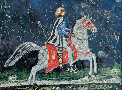 Dora Carrington, Iris Tree on a Horse (c. 1920s). Oil, ink, silver foil and mixed media on glass.