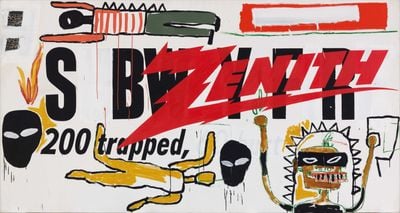Jean-Michel Basquiat and Andy Warhol, Collaboration No. 19 (1984–85). Oilstick, collage, silkscreen ink, and synthetic polymer paint on canvas. 160 x 309 cm. © Estate of Jean-Michel Basquiat Licensed by Artestar, New York and The Andy Warhol Foundation for the Visual Arts, Inc. Licensed by ADAGP, Paris.