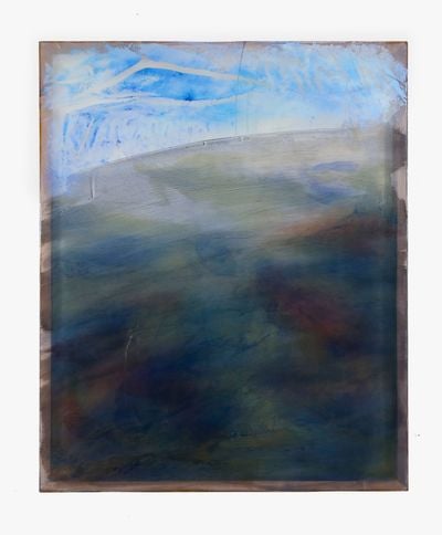 Chris Watts, Melodies from heaven (2021). Tempera, oil, acrylic, resin, pigment, interference, lapis lazuli, poly-chiffon, found wood. 119.3 x 149.8 cm.