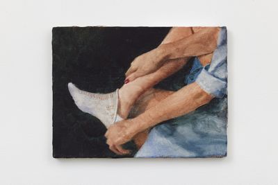 Joseph Yaeger, Pain of discipline, pain of remorse (2023). Watercolour on gessoed linen. 31 x 41 x 2 cm.