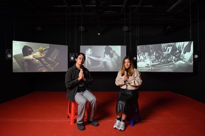 Chulayarnnon Siriphol, Kasamaponn Saengsuratham, Arjin Thongyuukong, and Krongpong Langkhapin, Red Eagle Sangmorakot: No More Hero In His Story (2025). Three-channel video installation. Exhibition view: Group Exhibition, 2025 Taoyuan International Art Award, Taoyuan Arts Center, Taoyuan (26 March–18 May 2025).