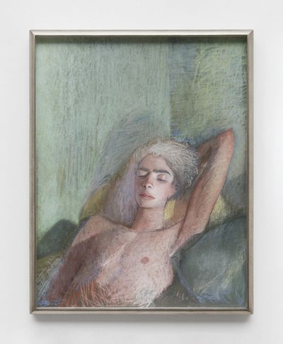 Julien Nguyen, Allegory Resting in the Wake of a Fête Galante (2022). Pastel on vellum mounted to aluminum panel. 46 x 36 cm.