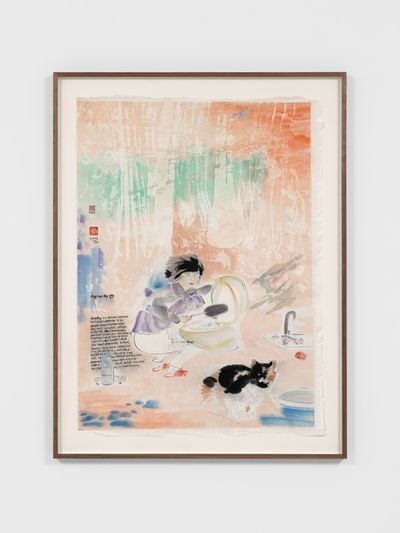 Evelyn Taocheng Wang, Hygiene Me (2021). Ink, mineral colour, pigment, glue and artist's seal on paper, mounted on paper. 107.5 x 82 x 3.5 cm. © Evelyn Taocheng Wang.