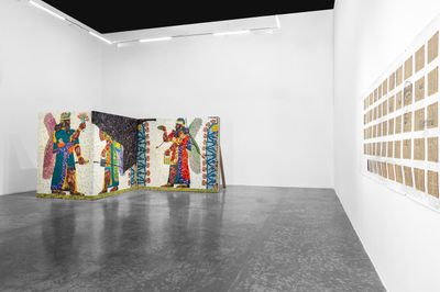 Exhibition view: Michael Rakowitz, The invisible enemy should not exist (Northwest Palace of Kalhu, Room S, Western Entrance), Green Art Gallery, Dubai (19 September–23 November 2022).
