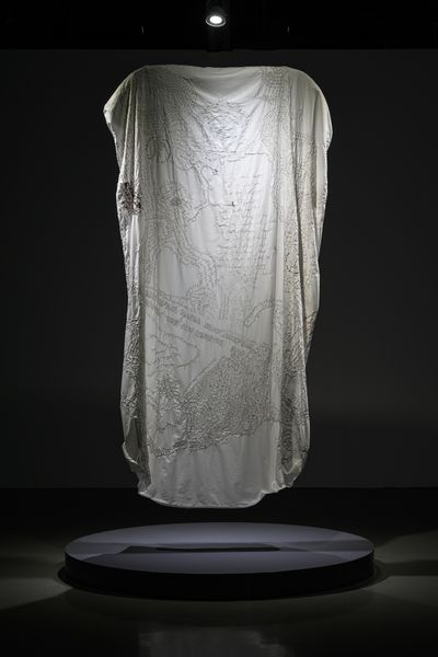 Belén Santamarina, Migrant-t, First Skin: Nostalgia (2020–2021). Cotton flat sheet embroidered with human hair.