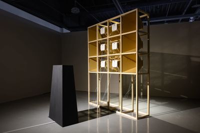 Jorge Bachmann and Kevin Corcoran, Refrained Invocations (Encodings) (2024–2025). Sound, wood, cardboard, electronics. Exhibition view: Group Exhibition, 2025 Taoyuan International Art Award, Taoyuan Arts Center, Taoyuan (26 March–18 May 2025).