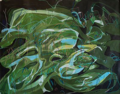 Janaina Tschäpe, Moss Love (2020). Casein and watercolour crayon on canvas. 160 x 210.8 cm.