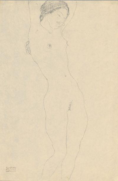 Gustav Klimt, Female Nude with Raised Arms (Study for Friends II) (c. 1917). Pencil on paper. 56.5 x 37.2 cm. Private Collection.