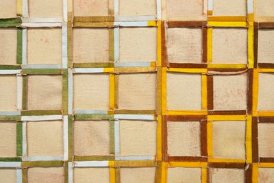 Kern Samuel, One-Patch Squares (inverse) (2025) (detail). Stitched canvas with oil paint. 38.1 x 75.6 cm (unframed); 57.2 x 94 x 3.8 cm (framed).