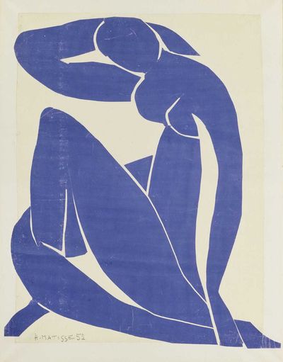 Henri Matisse, Blue Nude (II) (1952). Gouache on paper, cut and pasted, on white paper, mounted on canvas. 116.2 x 88.9 cm. Musée national d'art moderne/Centre decréation industrielle, Centre Georges Pompidou, Paris. © 2014 Succession H.Matisse/Artists Rights Society (ARS), New York.