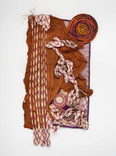 Acaye Kerunen, Nyakawanga (2023). Hand dyed and woven palm leaves, hand yarned barkcloth, raffia. 230 cm x 136 cm.