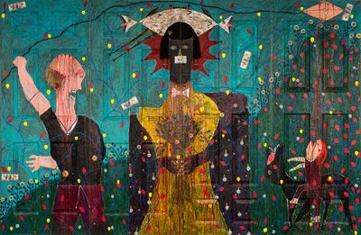 Adjani Okpu-Egbe, Fabricated Anthropology (Quadriptych) (2019). Mixed media on wooden door panels. 200 x 305 x 28 cm.