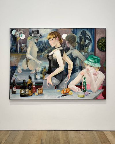 Lisa Brice, Bar Games (2023). Oil and oil pastel on archival paper mounted on Dibond panel in aluminium artist's frame. 150.1 x 203.5 x 0.5 cm. Framed: 152 x 205.6 x 4.5 cm. Photo: Rory Mitchell, Ocula Advisory.