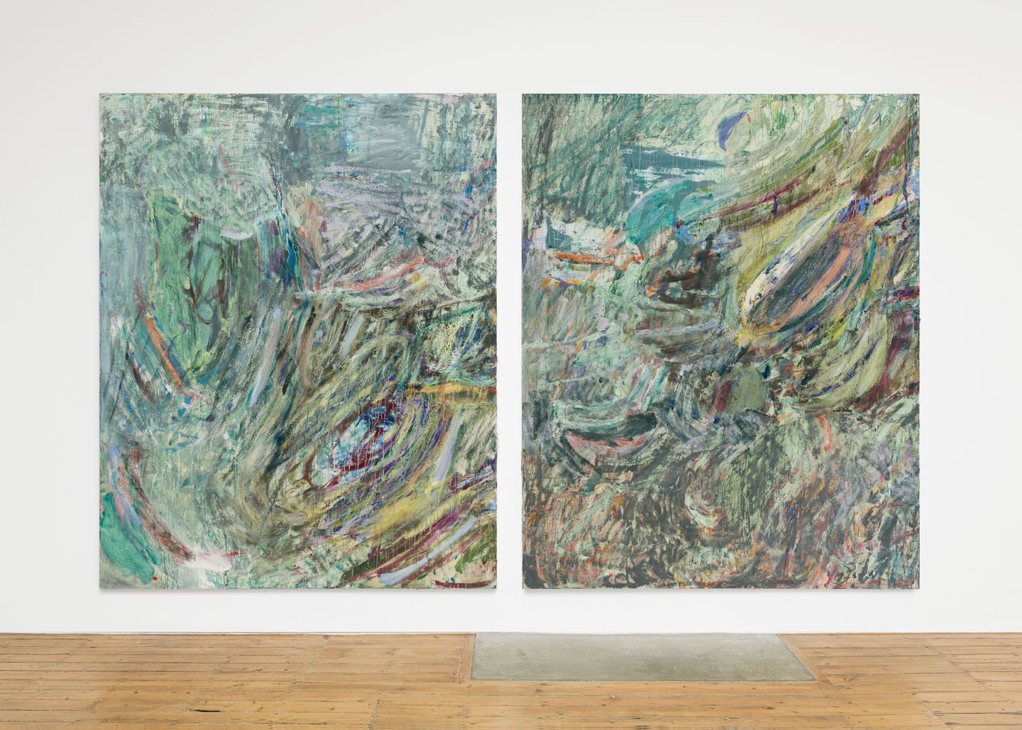 Pam Evelyn, Built on clay (2022). Oil on linen. Diptych. Overall dimensions: 250 x 400 cm; each panel: 250 x 200 cm Courtesy the artist and The Approach. Photo: Michael Brzezinski.