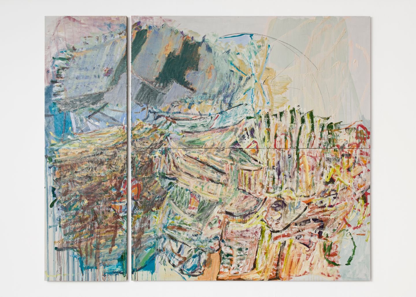 Pam Evelyn, Promised Land (2022). Oil on linen. Triptych. Overall dimensions: 320 x 390 cm; Left panel: 320 x 100 cm; Right panels (each): 160 x 290 cm. Courtesy the artist and The Approach. Photo: Michael Brzezinski.