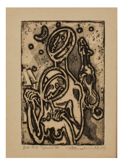 Krishna Reddy, Dream (1950). Etching with aquatint on paper. 17.78 x 12.7 cm.