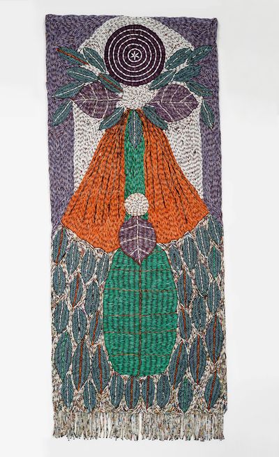 Sanaa Gateja, At peace (2021). Paper beads on bark cloth. 192 x 78 cm.