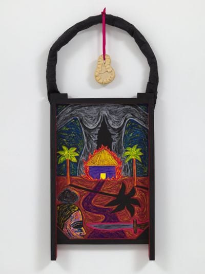 Renée Green, Untitled (1985/87). Acrylic and gouache on masonite; wood frame with plaster, ribbon, and bread, 91.4 x 43.2 x 6.3 cm. Image