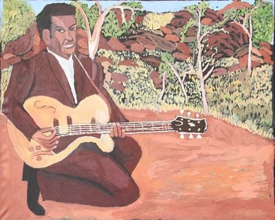 Vincent Namatjira, Chuck Berry in Mparntwe (2021). Acrylic on linen. 122 x 152 cm.