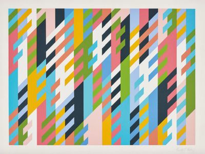 Bridget Riley, New Day (1988/1992). Screenprint in colours after painting, on wove paper, with full margins. 94 x 134.5 cm. © Bridget Riley Collection. 2021 Bridget Riley, all rights reserved.