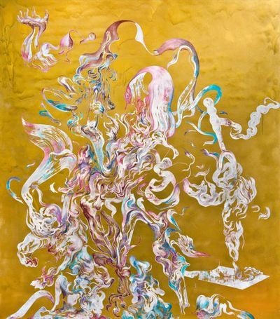 Zelin Seah, Overman (2020). Oil and aerosol spray on linen. 200 x 180 cm.