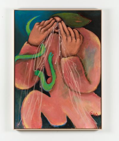 Conny Maier, Schlangengriff (2021). Oil, oil sting, pigments on canvas. 150.50 x 110.20 cm.