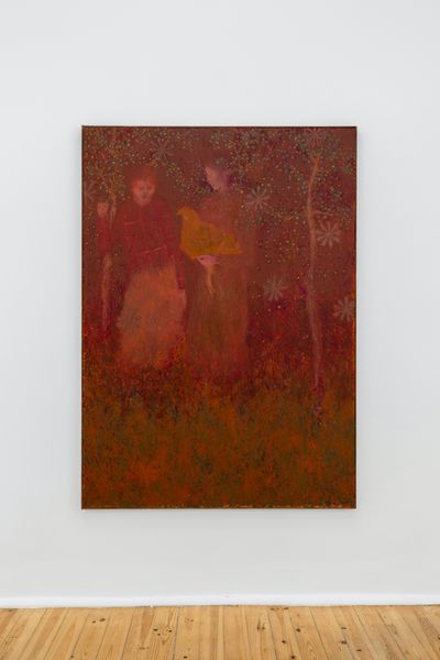 Oliver Bak, La Poule Rouge (2021). Oil on canvas. 173 x 124 cm. Exhibition view: Sick with Bloom, ADZ Gallery, Lisbon (2 June–2 July 2022).
