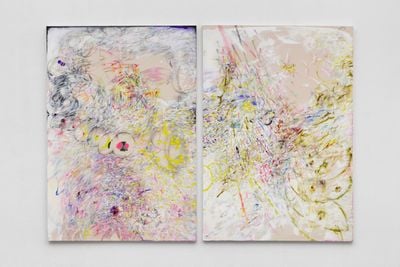 Tsai Yun-Ju, Harmony Everywhere, Rainstorm Hits Butterflies (2022). Oil on canvas. 200 x 140 cm.
