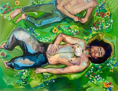 Shaqúelle Whyte, Beauty's big sleep (2021). Oil paint & pastel on canvas. 220 x 180 cm.