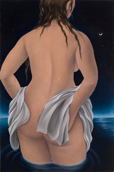 Natalia Gonzalez Martin, Tragicomedy in Two Part: The Moon (2022). Oil on wood. 91 x 61 cm.