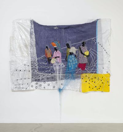 Ana Silva, Agua 028 (2021). Woven plastic bag, embroidery. 138 x 185 cm.