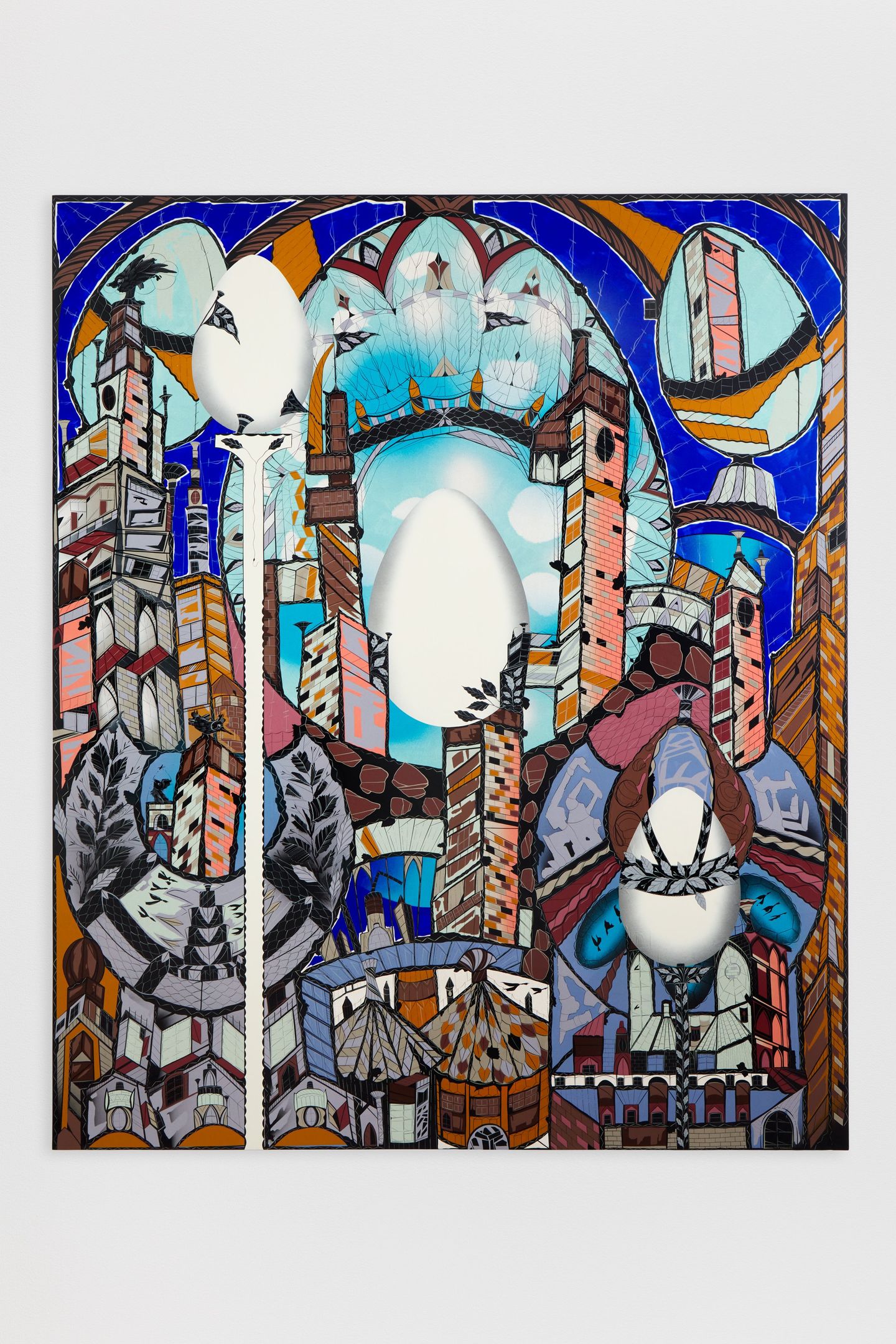 Lari Pittman, Luminous: Cities with Egg Monuments 3 (2022). Cel-vinyl and lacquer spray over gessoed canvas on titanium and wood panel. 243.8 x 203.2 cm. © Lari Pittman. Courtesy Regen Projects, Los Angeles and Lehmann Maupin, New York, Hong Kong, and Seoul. Photo: Evan Bedford.