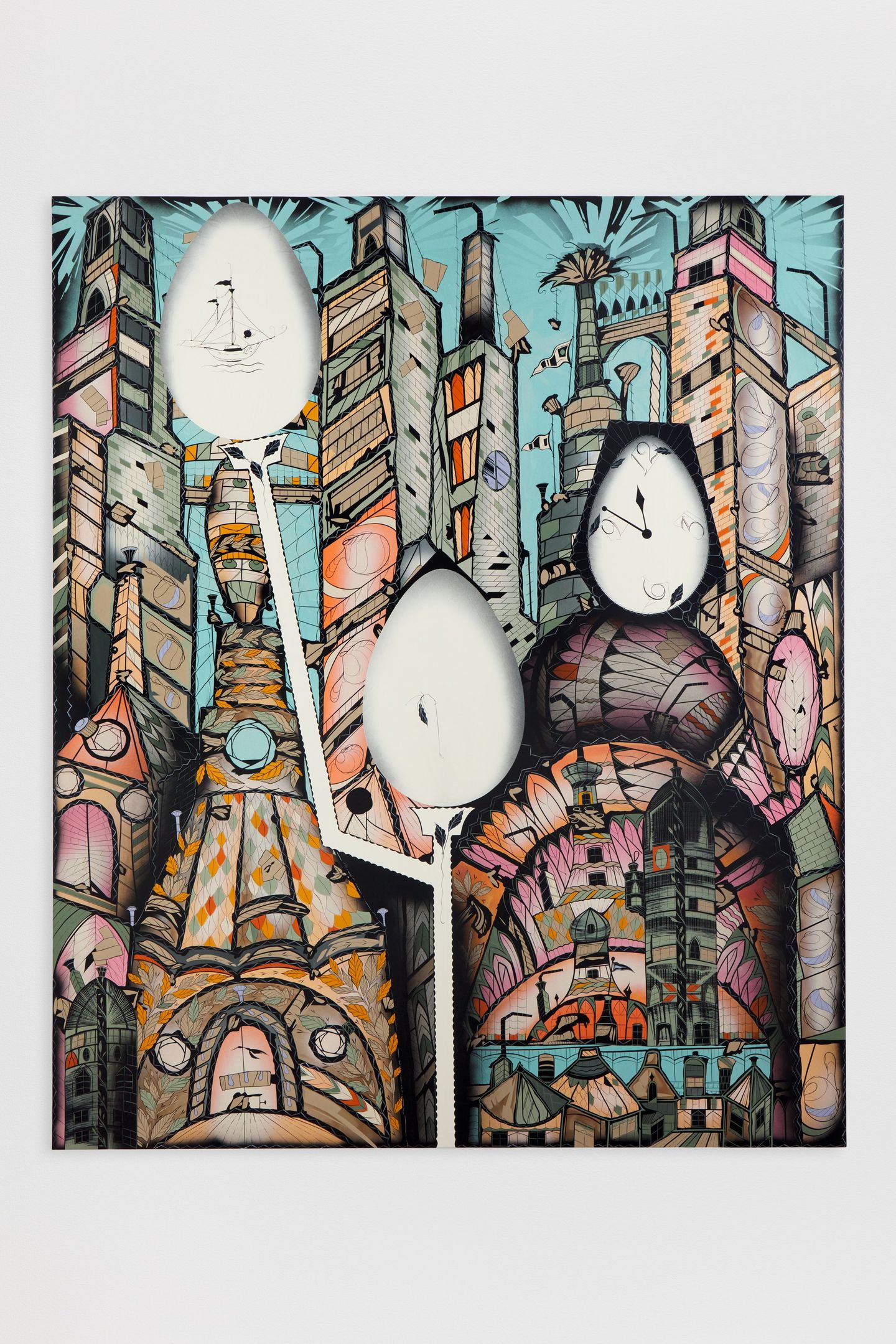 Lari Pittman, Luminous: Cities with Egg Monuments 2 (2022). Cel-vinyl and lacquer spray over gessoed canvas on titanium and wood panel. 243.8 x 203.2 cm. © Lari Pittman. Courtesy Regen Projects, Los Angeles and Lehmann Maupin, New York, Hong Kong, and Seoul. Photo: Evan Bedford.