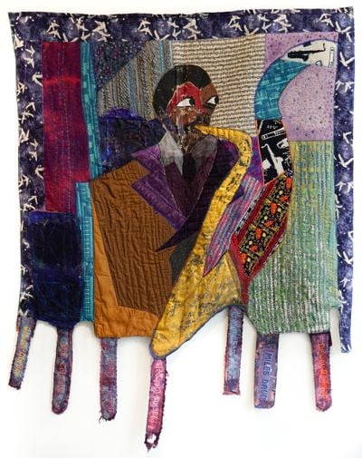 Dindga McCannon, Charlie Parker and Many of the Musicians He Influenced, Painting from 1970s (2010). Mixed media quilt. 137.16 x 111.76 cm.