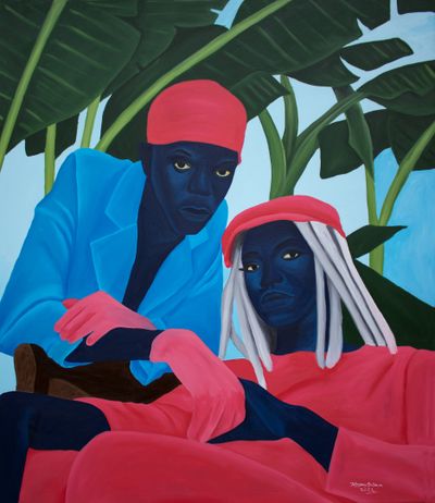 Johnson Ocheja, Lovers Hangout (2022). Acrylic and oil on canvas. 152.4 x 132.08 cm.
