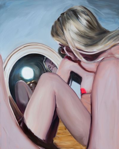 Jenna Gribbon, Me photographing at M looking at you (2022). Oil on linen. 203.2 × 162.5 cm. Adam Reich