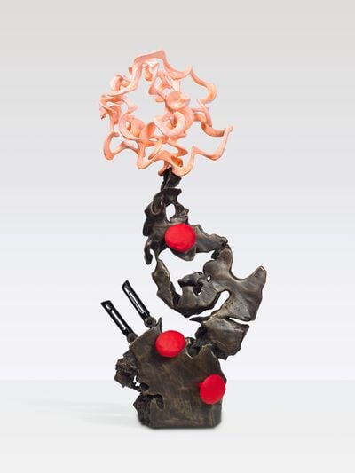 Guan Xiao, Daggers (2022). Bronze, aluminium alloy, acrylic colour, motorcycle pedestals. 98 x 46 x 30 cm.
