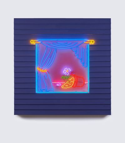 Alex Da Corte, A Modern Love (2022). Neon, vinyl siding, laminate, plywood, house paint, velvet, hardware, 182.9 x 182.9 x 15.2 cm.