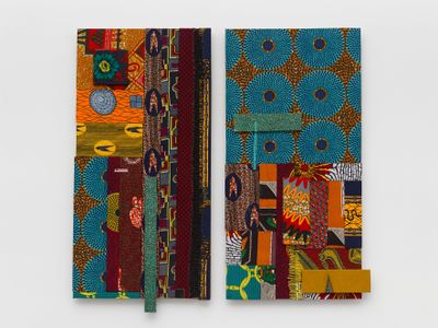 Ibrahim Mahama, International thief thief (2022). Wood panels wrapped in wax print cloth with jute thread. Diptych: 128 × 65 × 5.5 cm; 122 × 65 × 5.5 cm. © White Cube (Ollie Hammick).