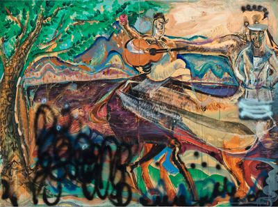 Tang Jo-Hung, Centaur, Song by the Lake (2022). Oil on masonite. 185 x 250 cm.
